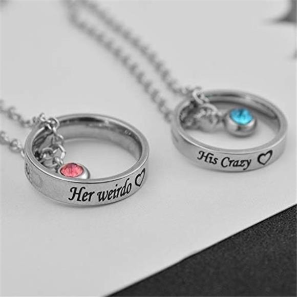 Matching Necklaces for Couples,His and Hers Engraved Rhinestone Ring Pendant Set - Picture 2 of 7
